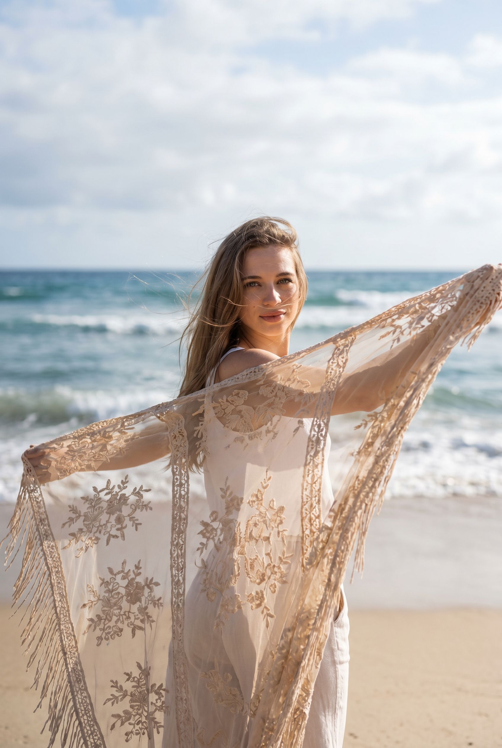 Realistic Beach Woman Sheer Shawl