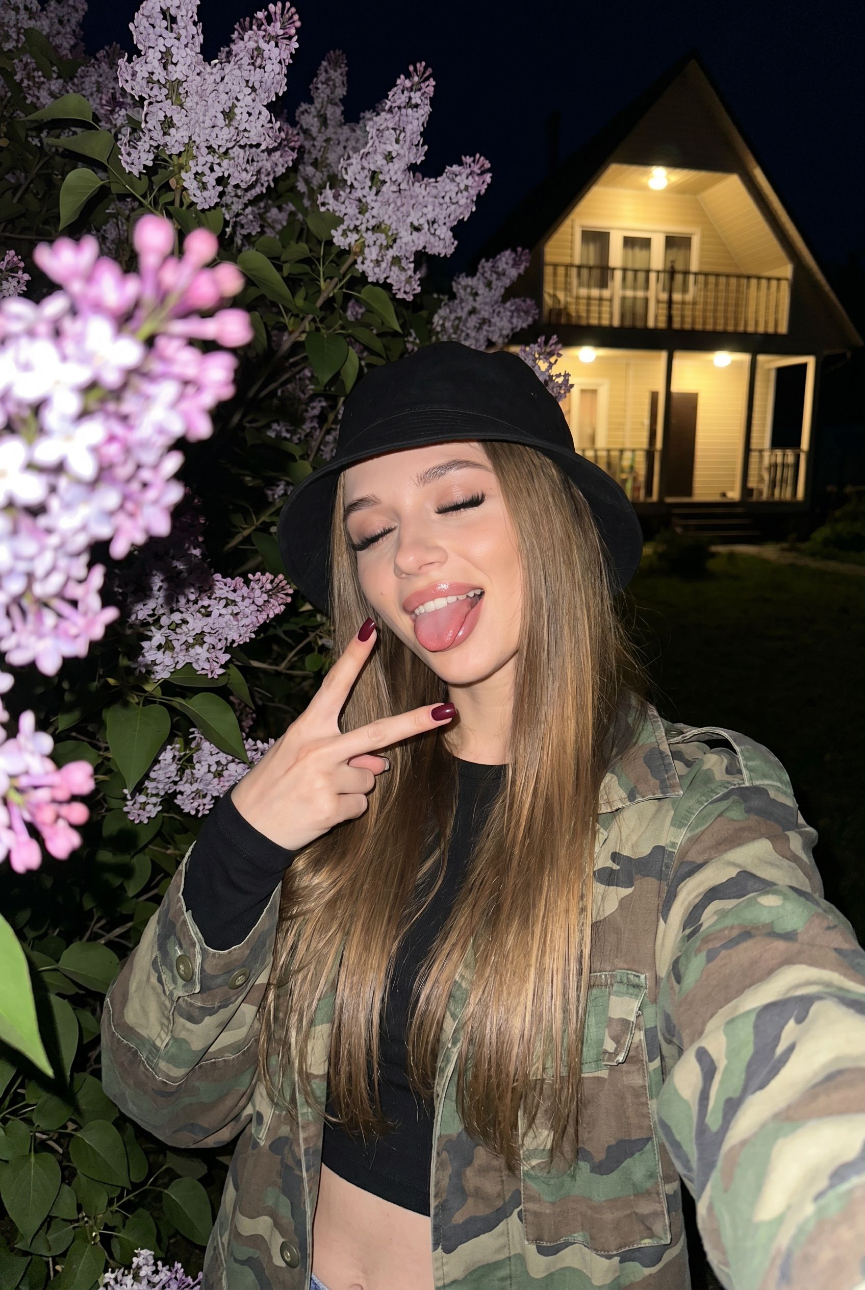 Girl Playful Lilac Bush Night Flash Selfie