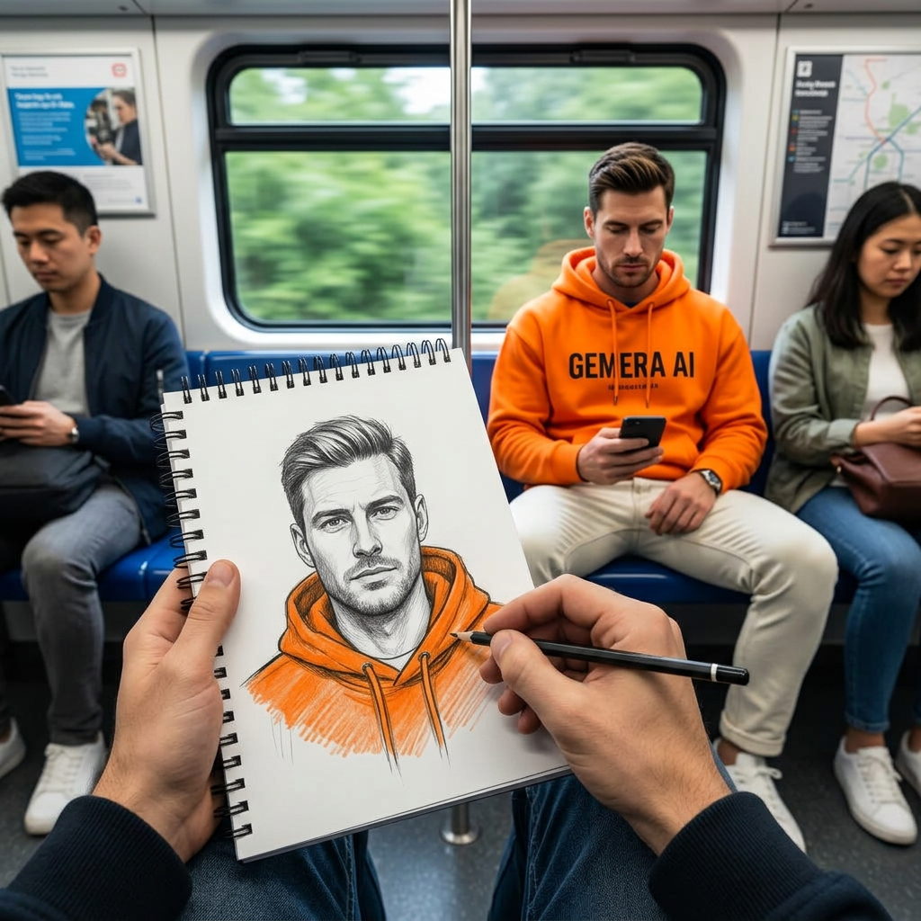 Портрет в метро с эскизом