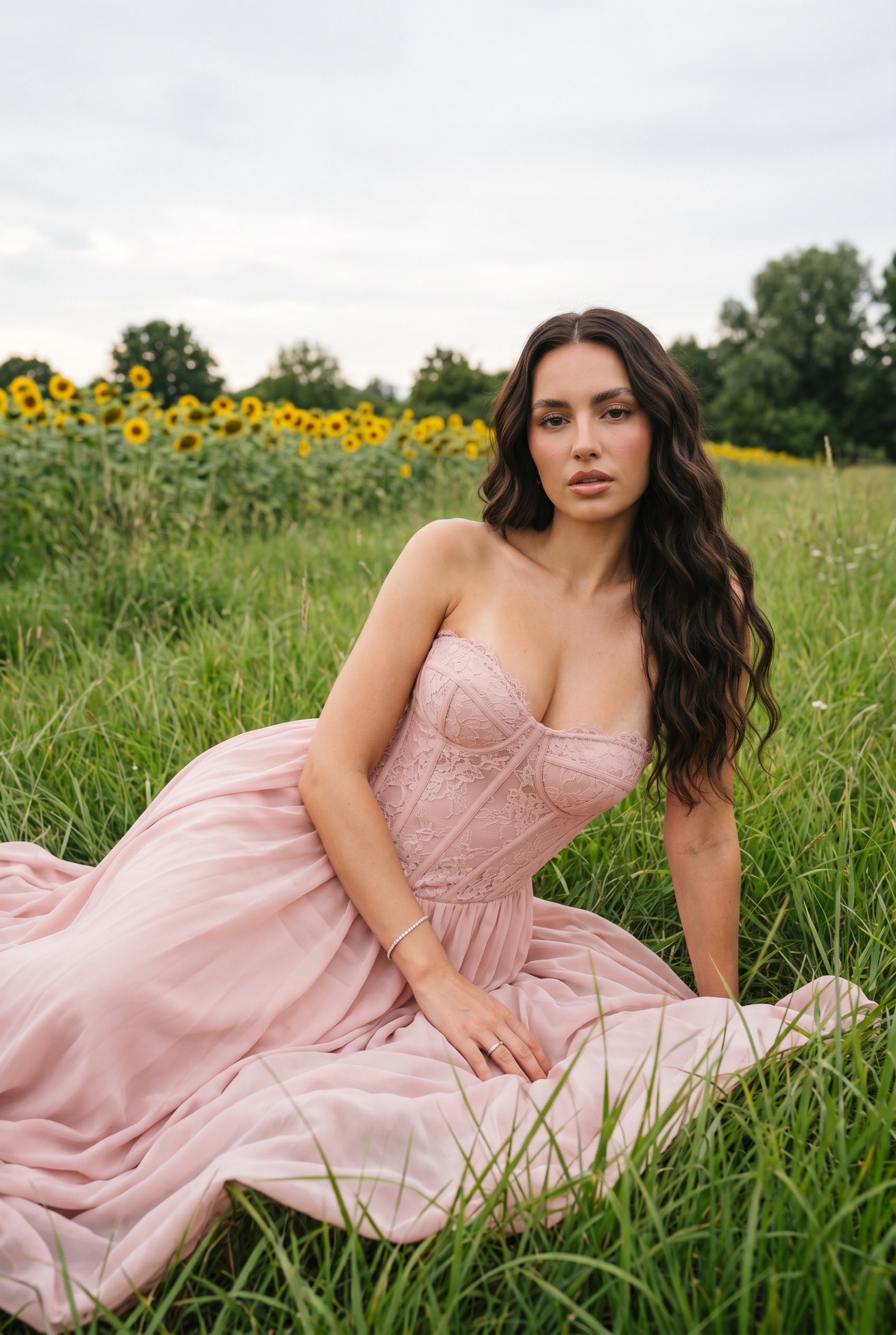 Vertical phone photo of a young woman reclining propped on one arm in