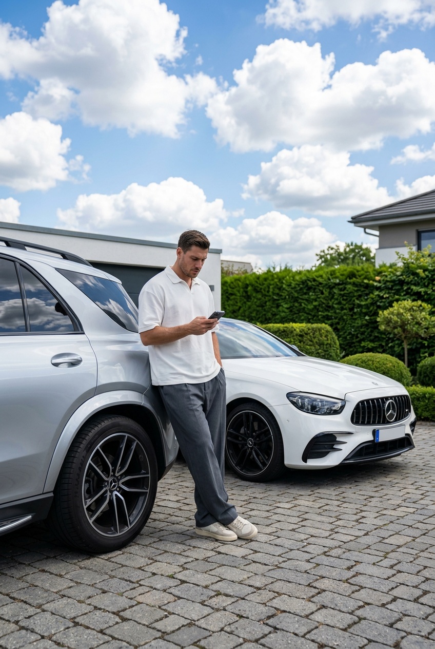 Спортивный мужчина между люксовыми авто