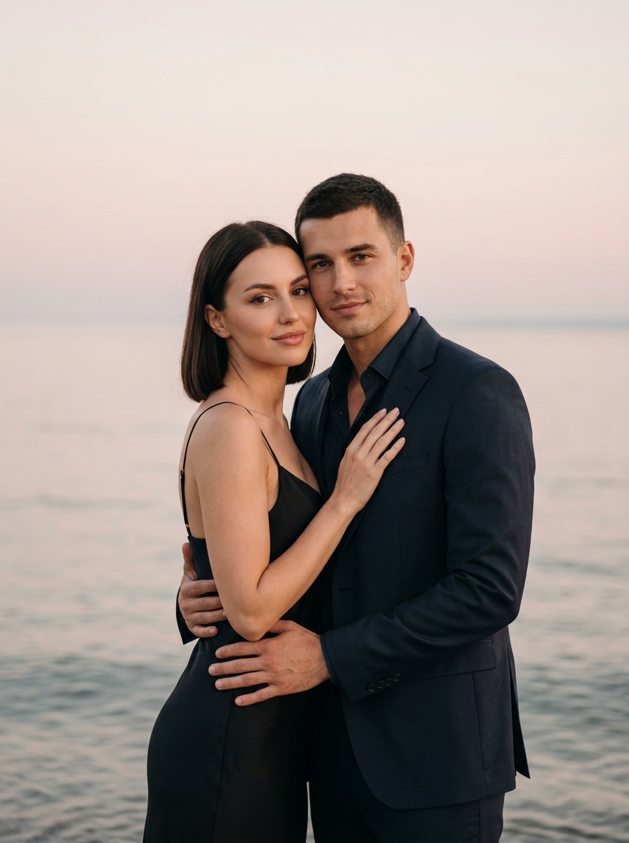 Модная пара на закате у моря
