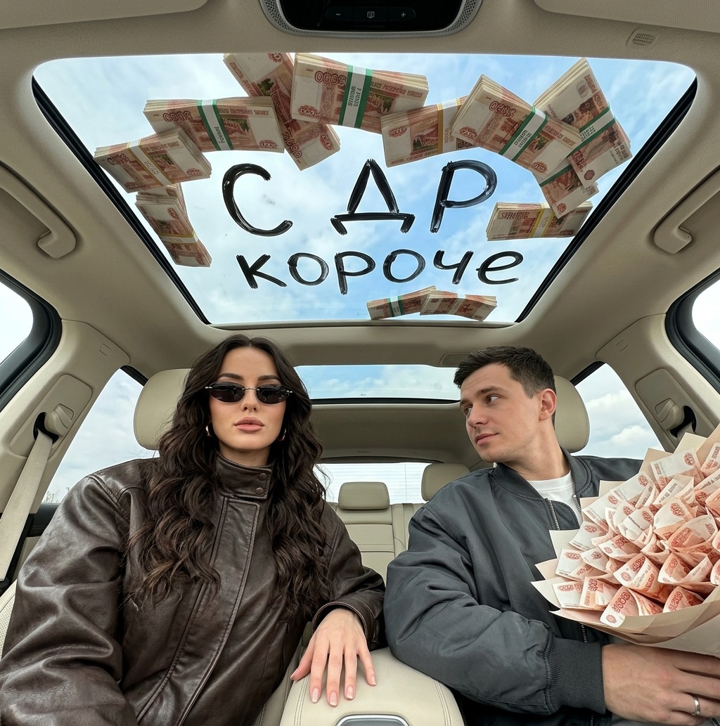 Пара в машине с деньгами на крыше