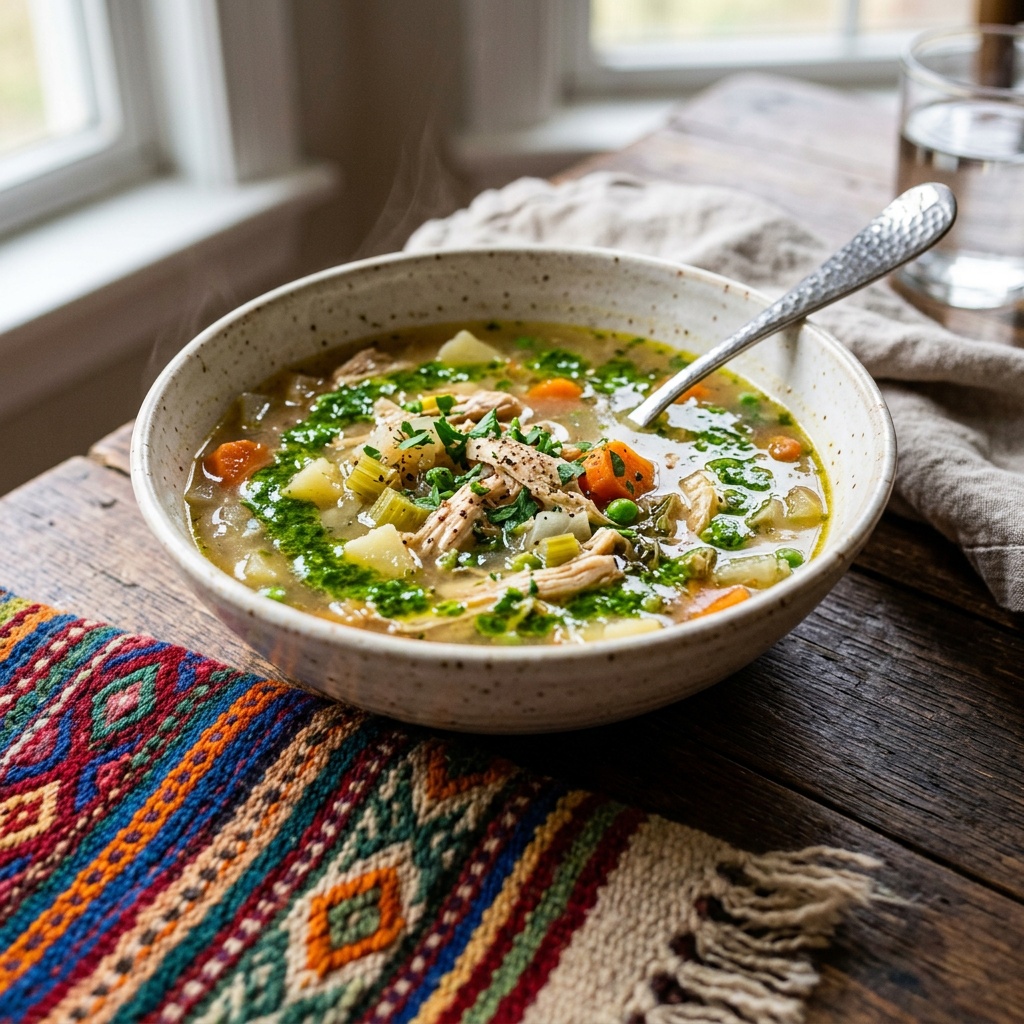 Суп с курицей и овощами на ткани