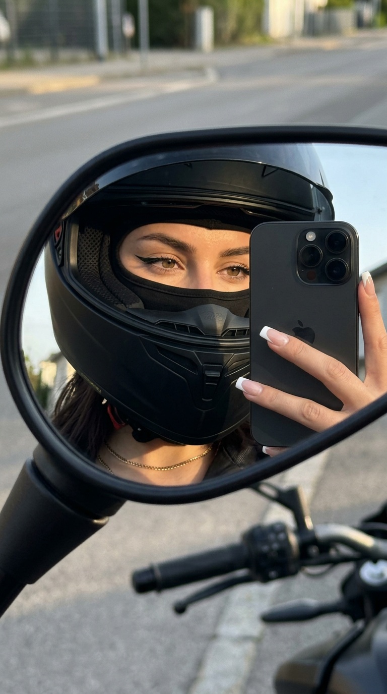 Селфи в зеркале мотоцикла с iPhone