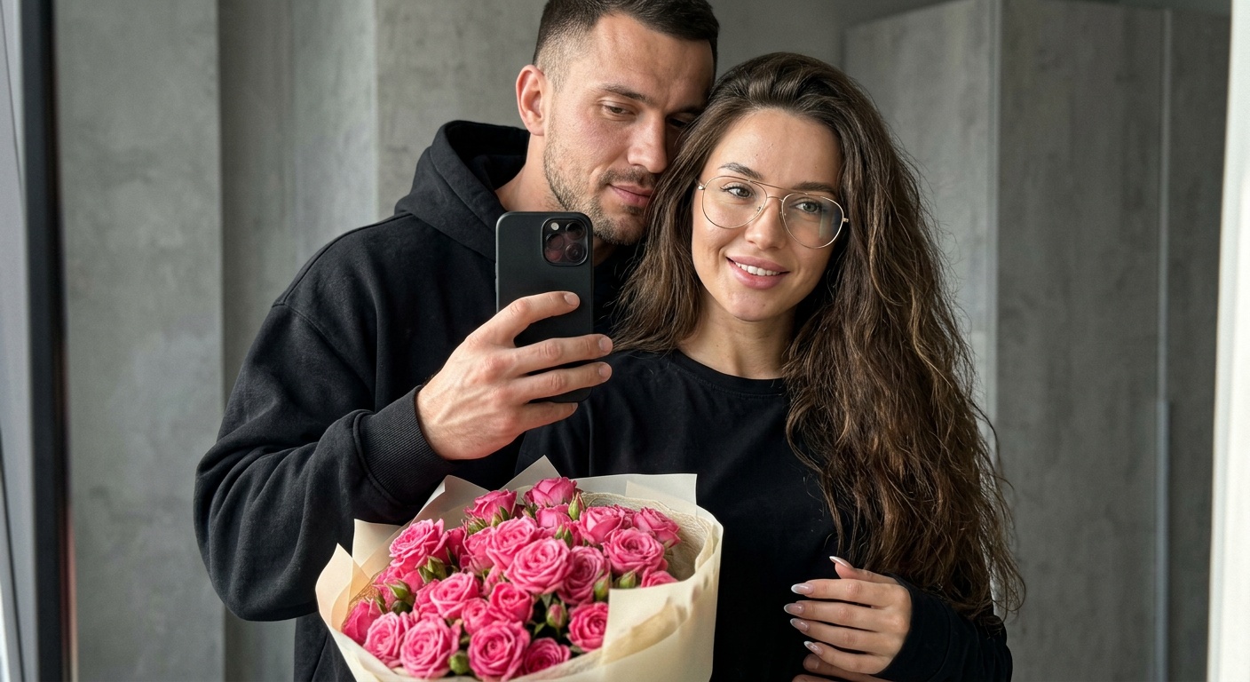 Селфи пары с розами в зеркале смартфона