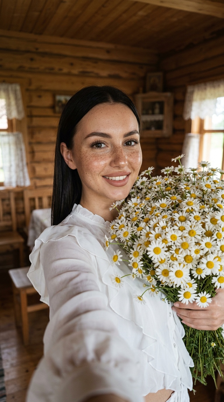 Девушка с ромашками делает селфи дома