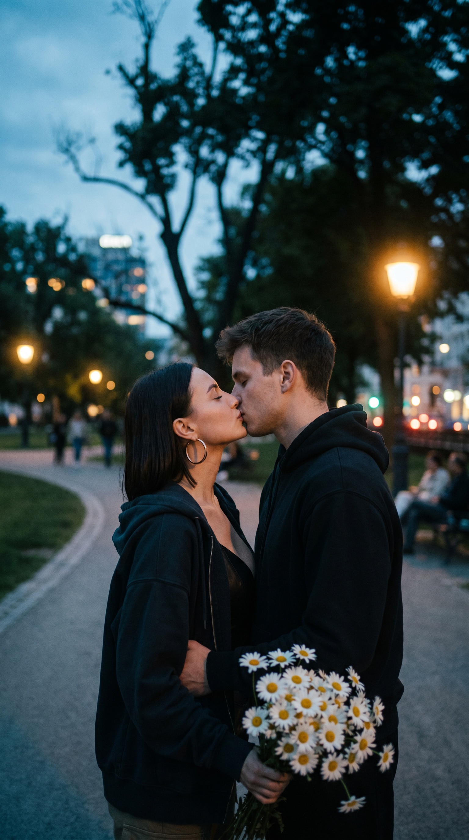 Поцелуй на закате в парке