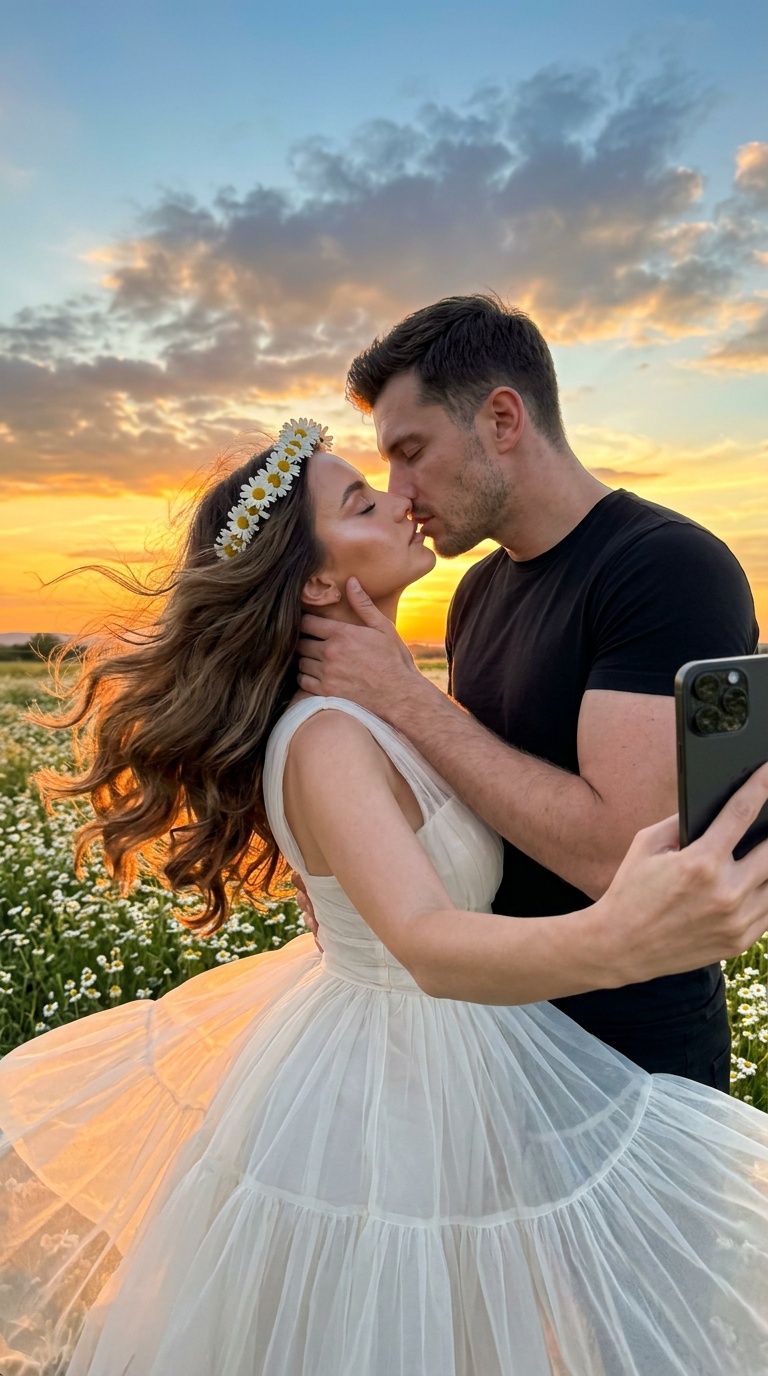 Селфи поцелуй на закате в поле ромашек