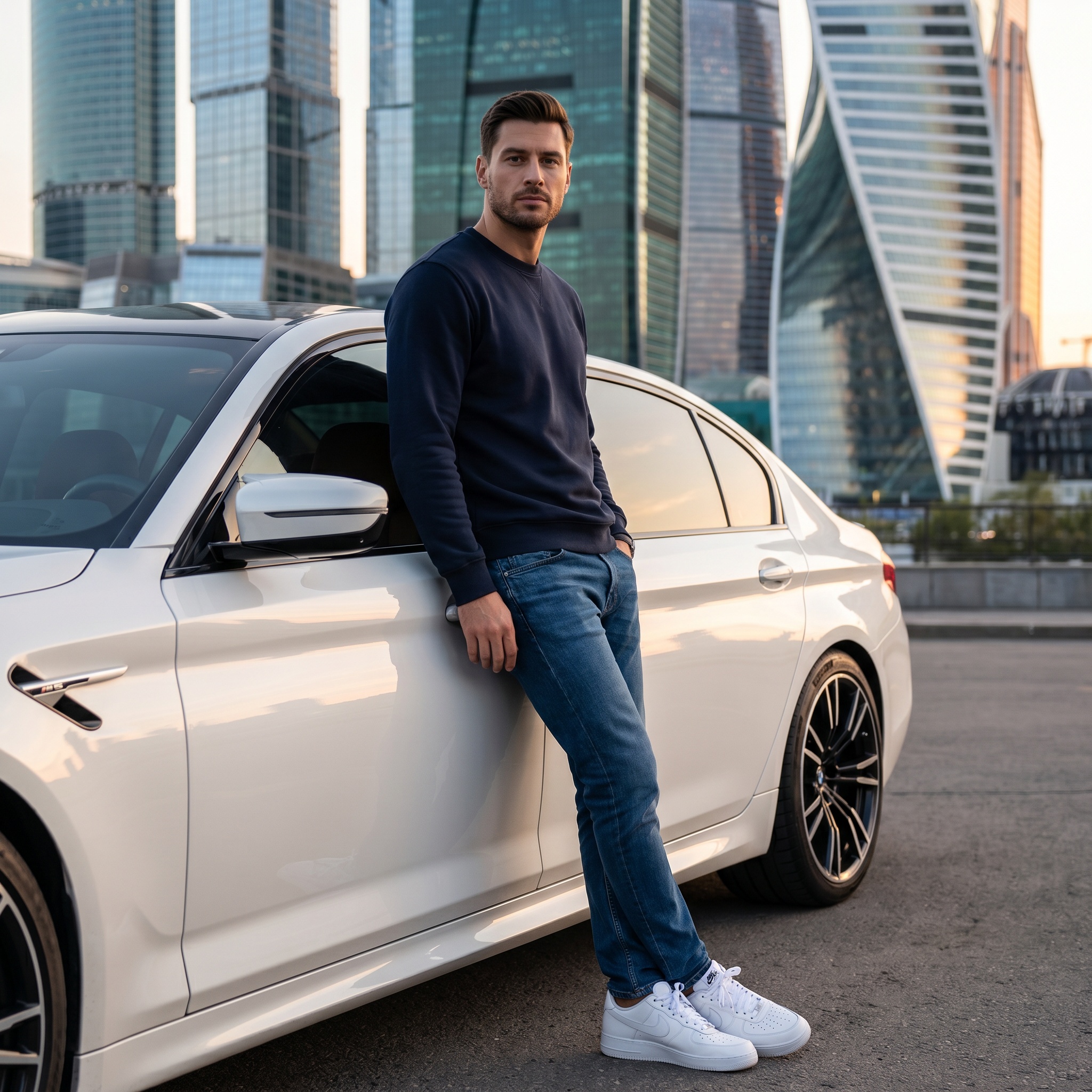 Мужчина у BMW на фоне Москва-Сити