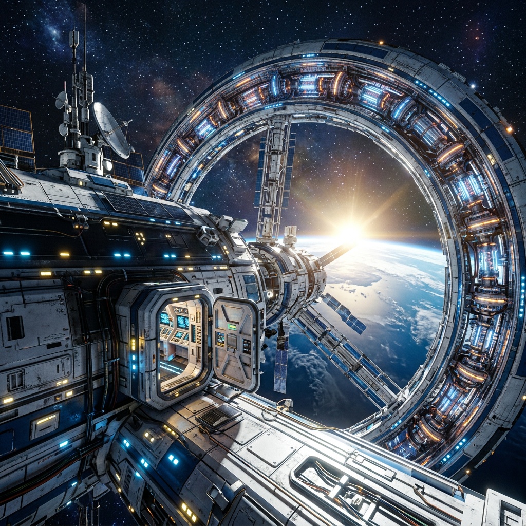 Космическая станция у Земли в 3D
