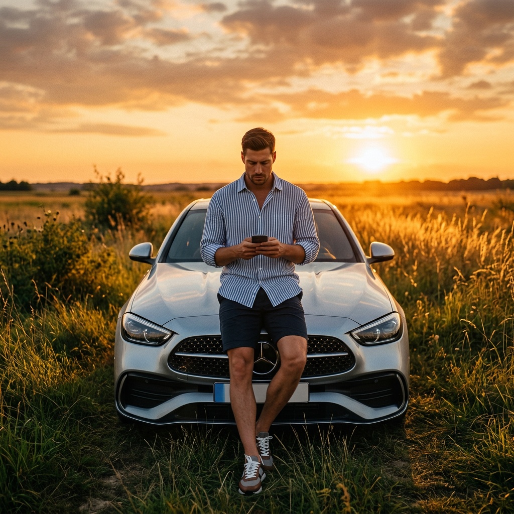 Парень у Mercedes на закате с телефоном