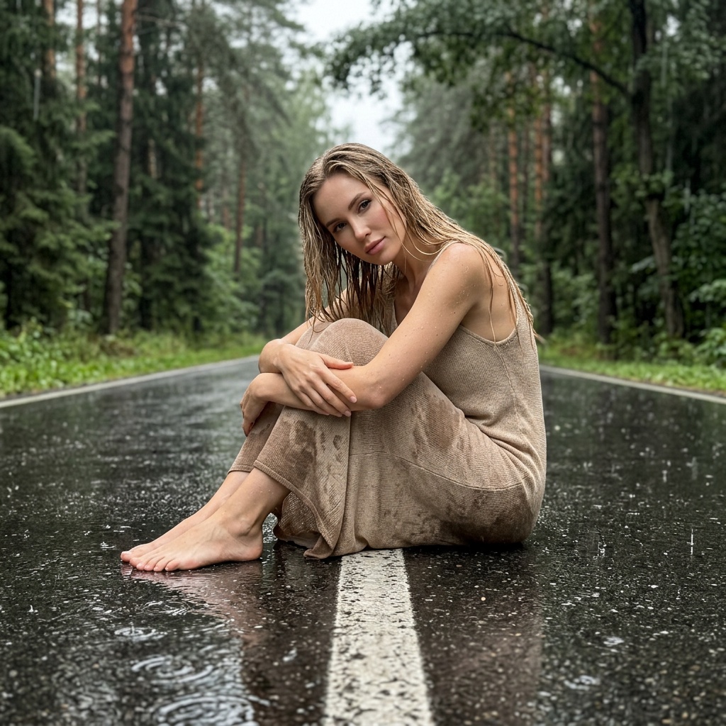 Девушка на мокрой лесной дороге