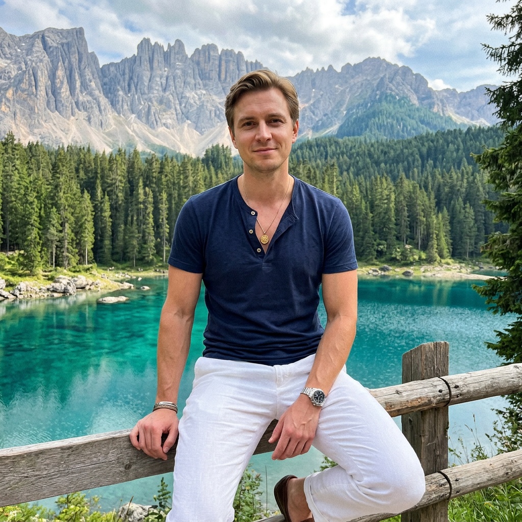 Портрет атлета у горного озера