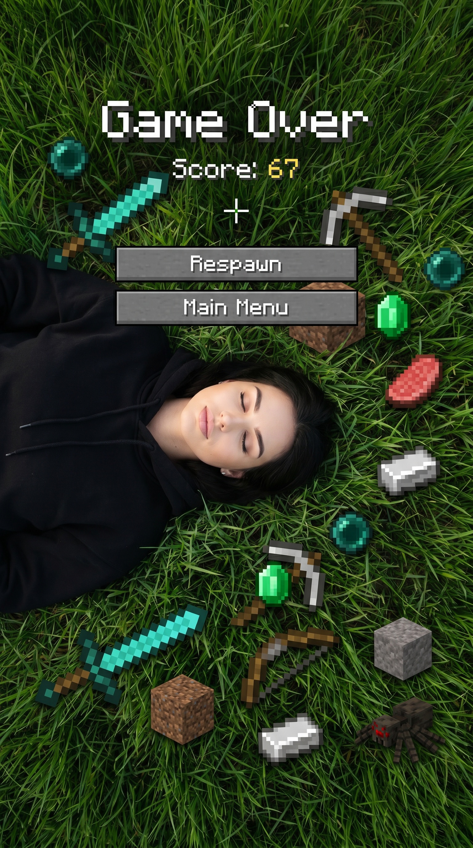 Девушка в траве с предметами Minecraft