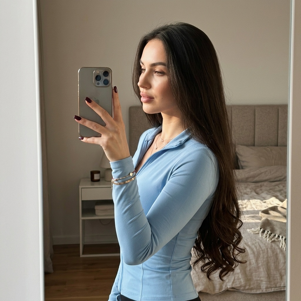 Селфи в спальне с мягким светом