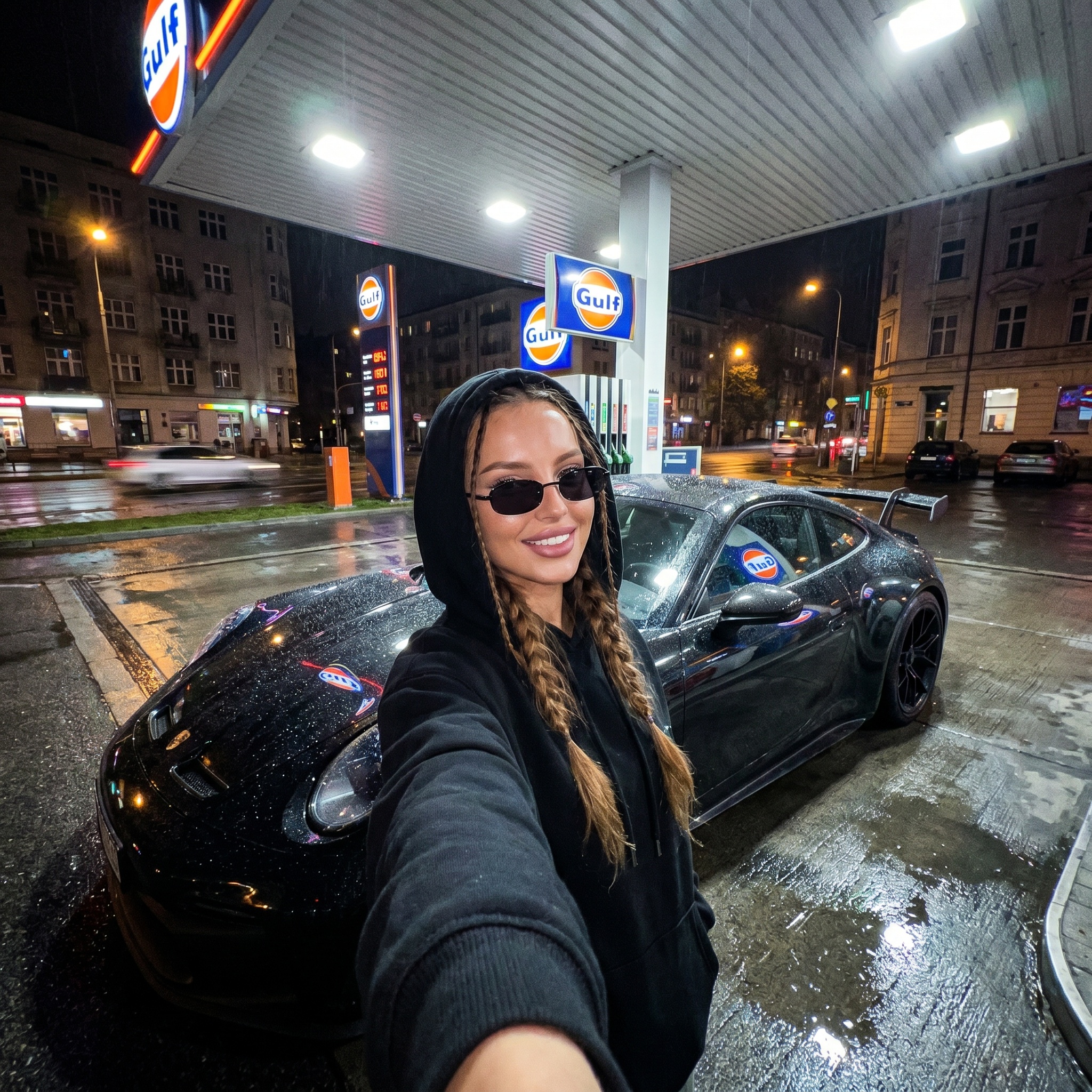 Селфи на ночной заправке с Porsche