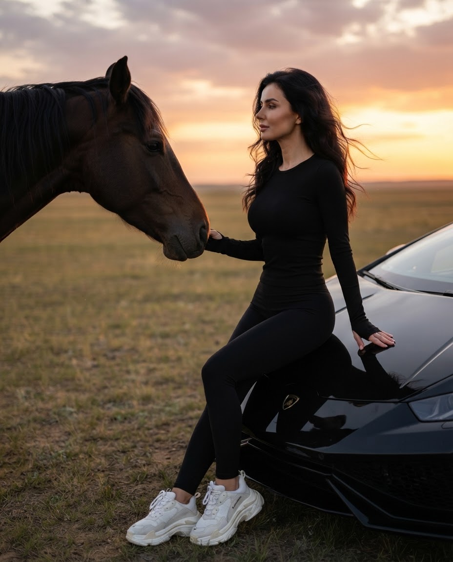 Девушка у Lamborghini с лошадью в степи
