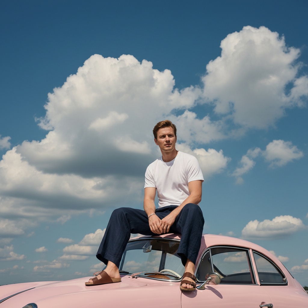 Парень на розовом Porsche в облаках