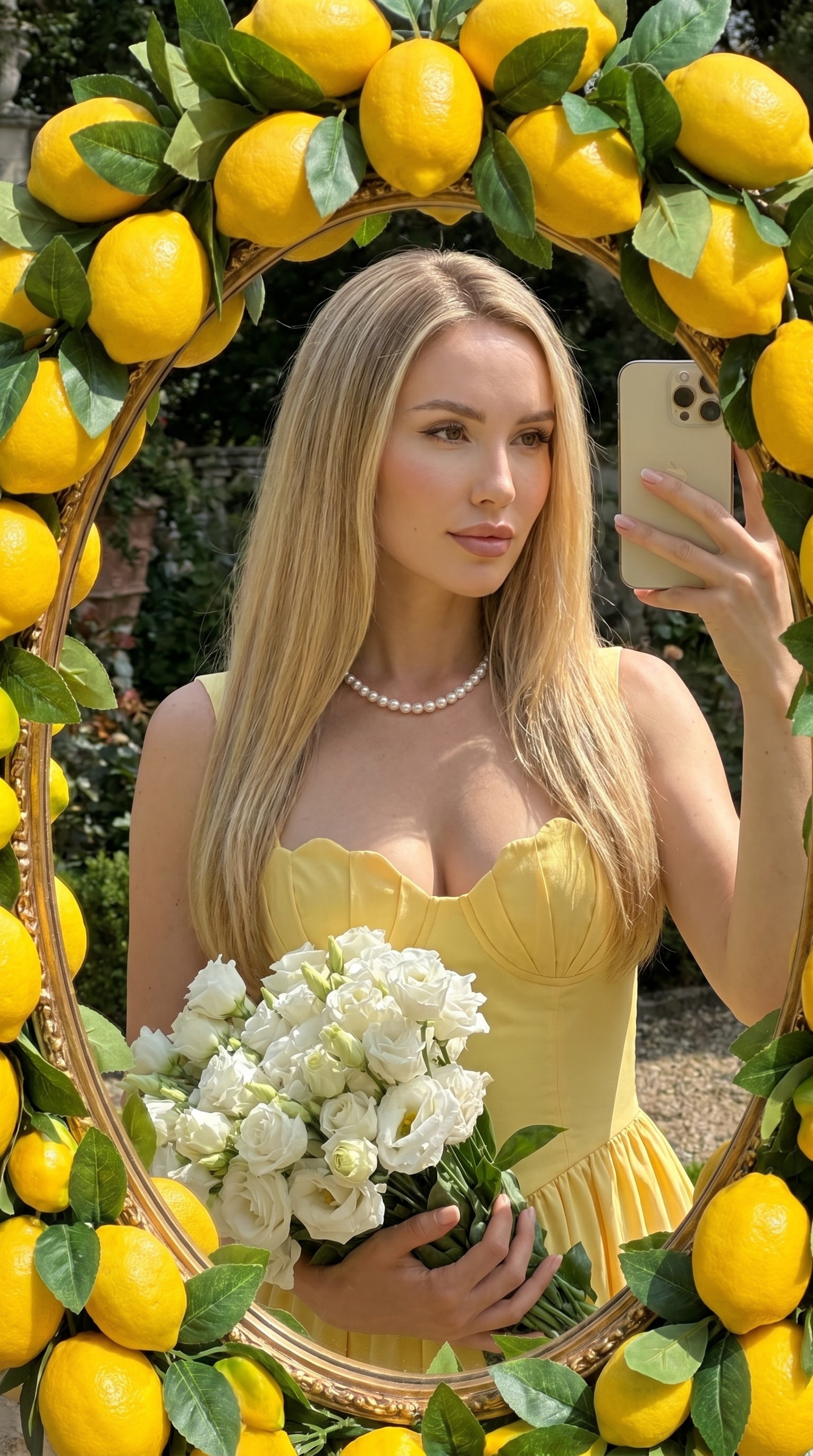 Селфи в зеркале с лимонами и цветами