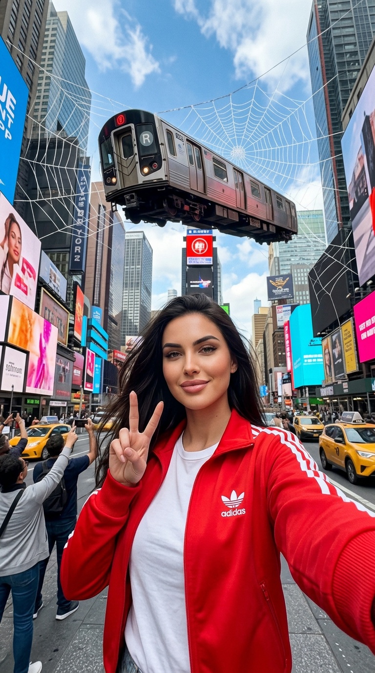 Селфи в Times Square с поездом в паутине