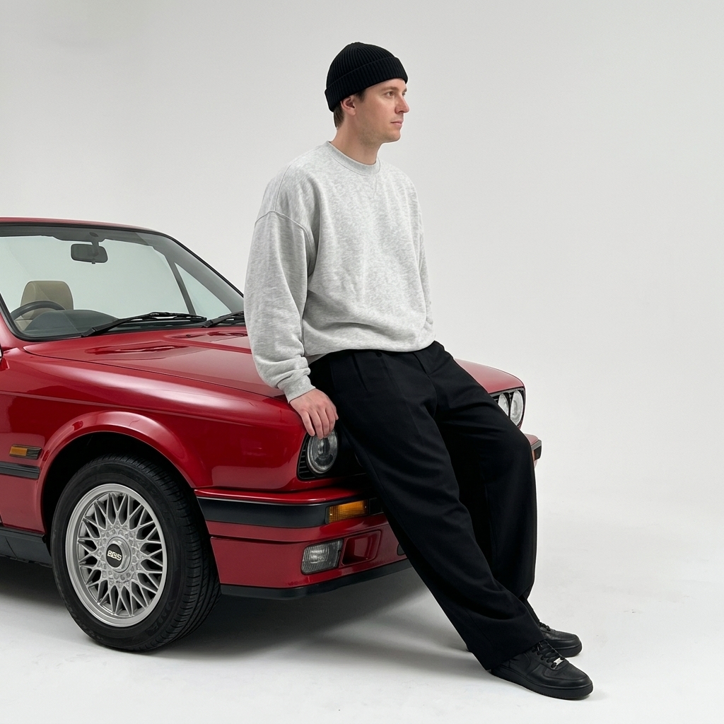 Портрет у красного BMW в профиль