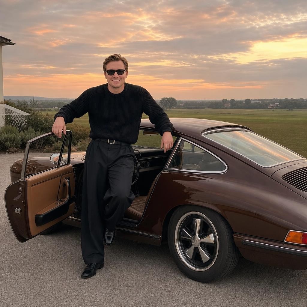 Мужчина у винтажного Porsche на закате