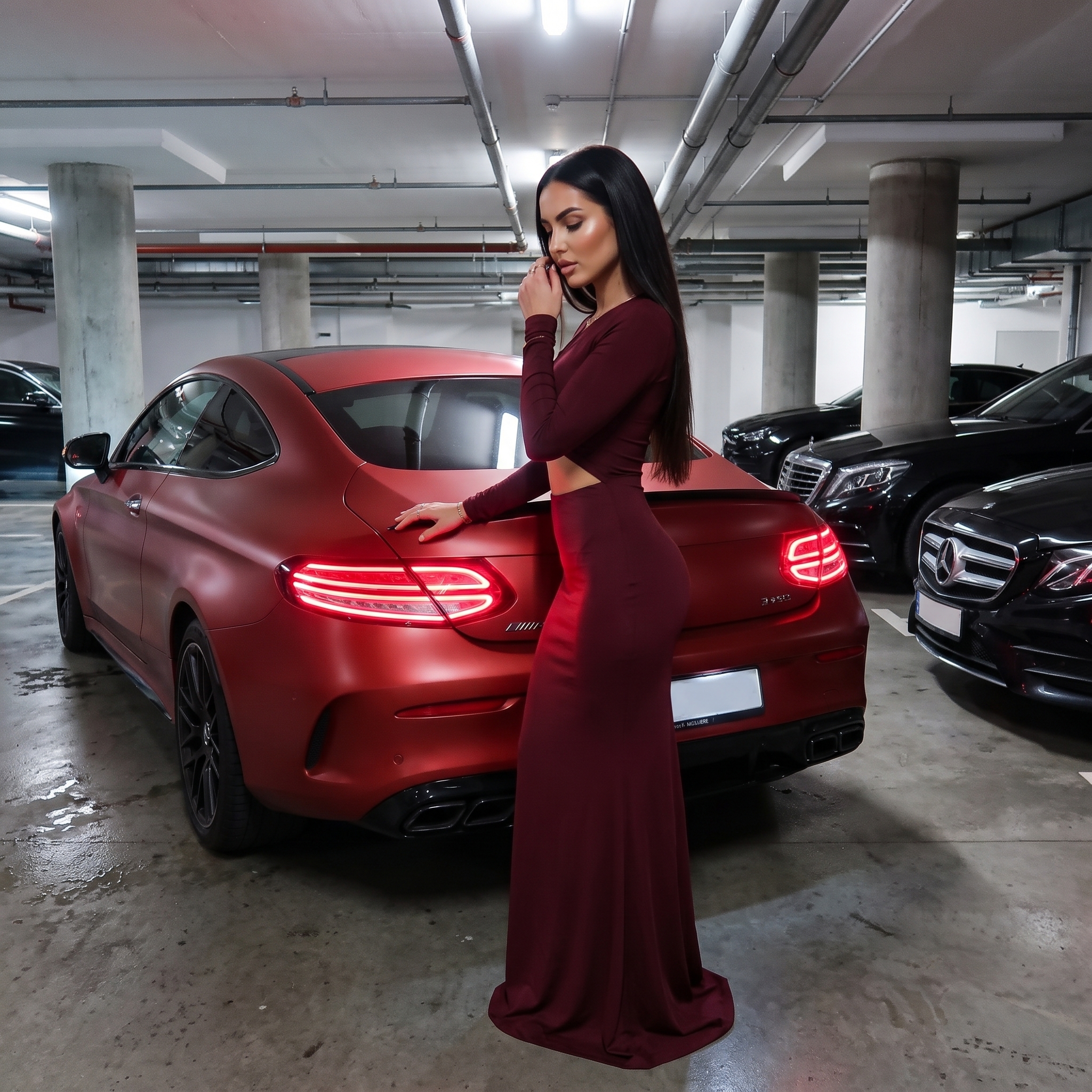 Девушка у красного Mercedes в паркинге