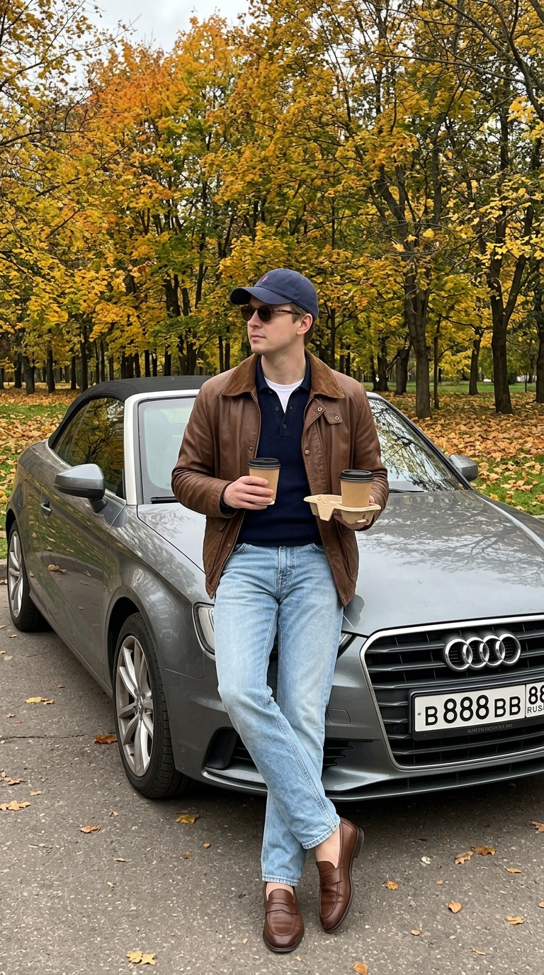 Парень с кофе у машины осенью