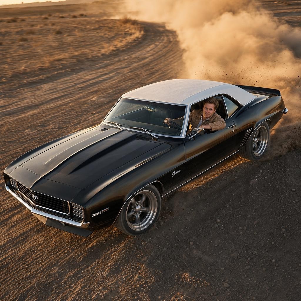 Chevrolet Camaro в пустынной пыли на закате