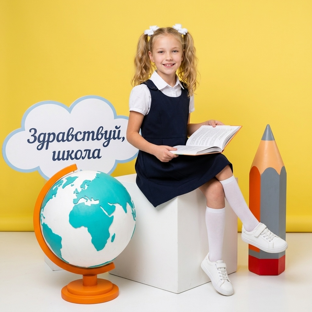 Школьница с книгой на кубе
