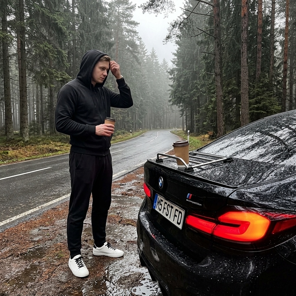 BMW M5 на мокрой лесной дороге