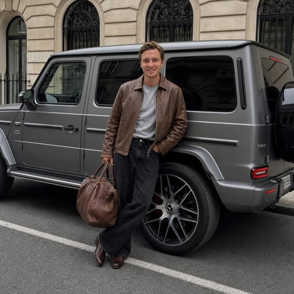 Мужчина у припаркованного Mercedes с сумкой