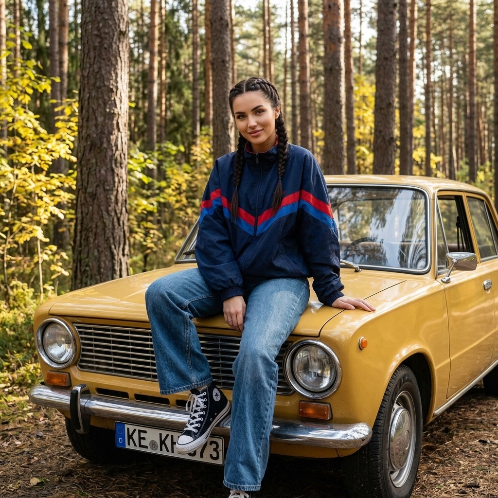 Девушка на жёлтом винтажном автомобиле в лесу