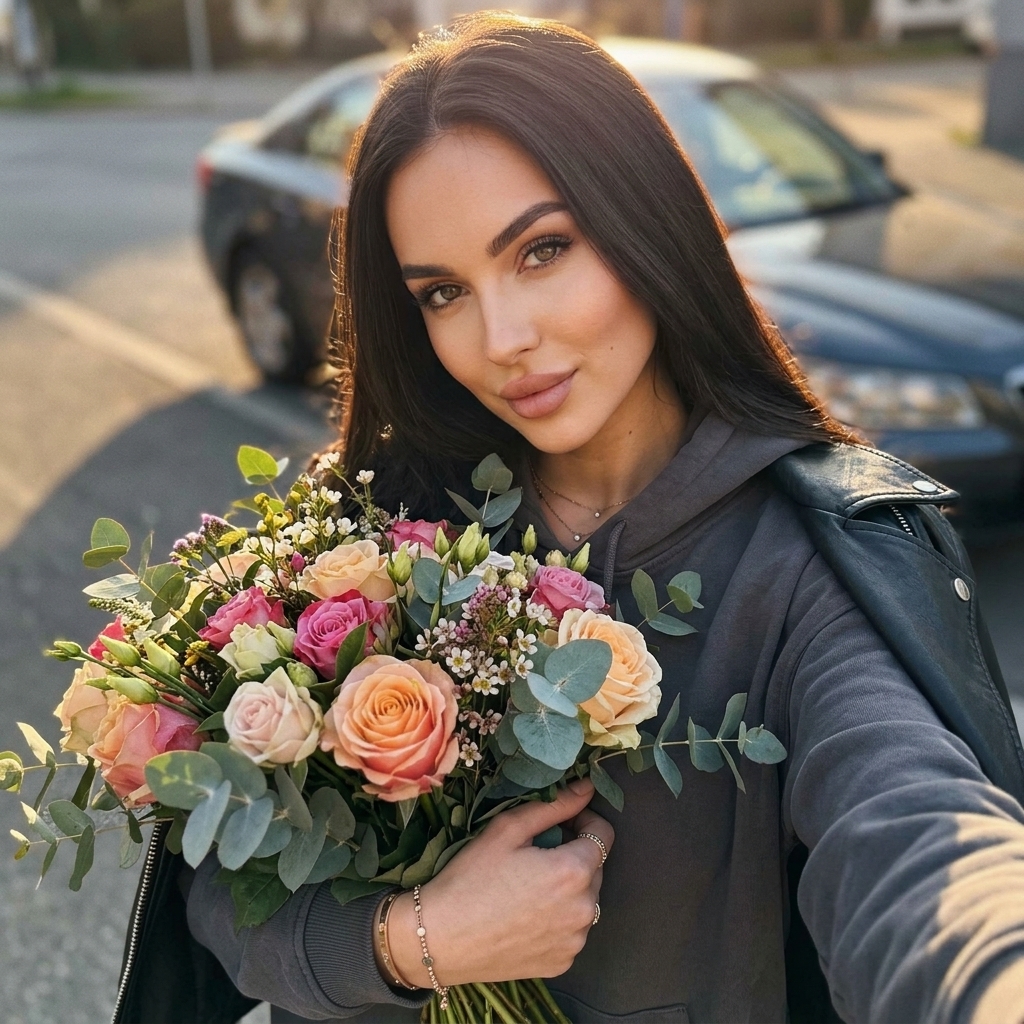 Селфи с букетом на золотом часу