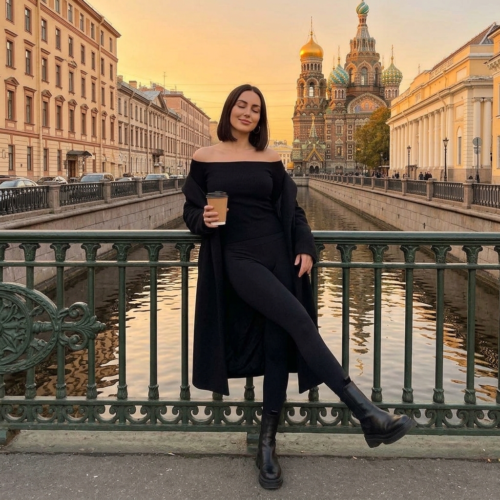 Девушка на мосту Санкт-Петербурга на закате