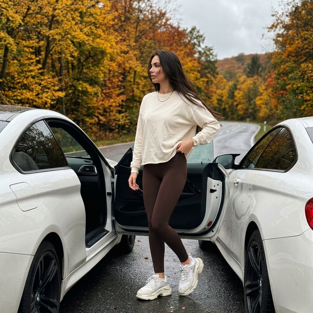 Девушка у BMW на осенней дороге