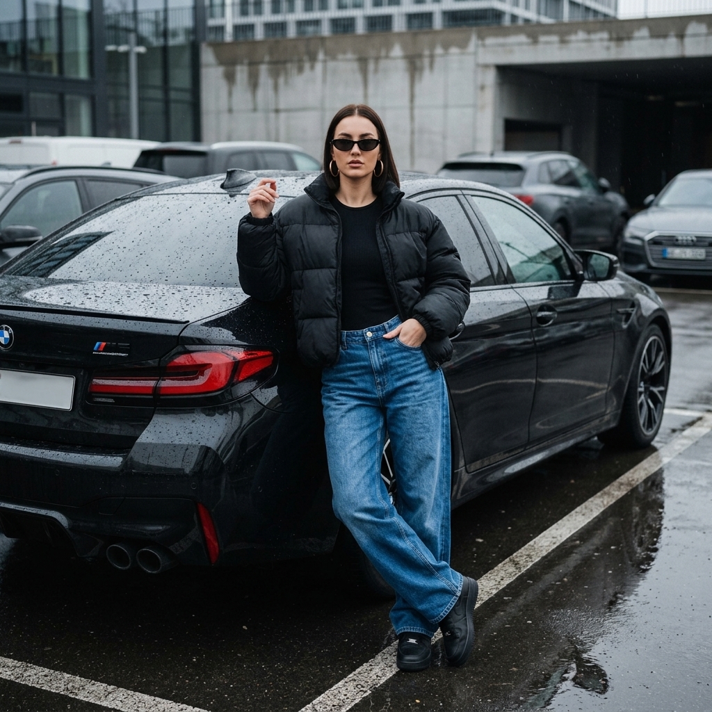 Девушка у BMW на мокрой парковке