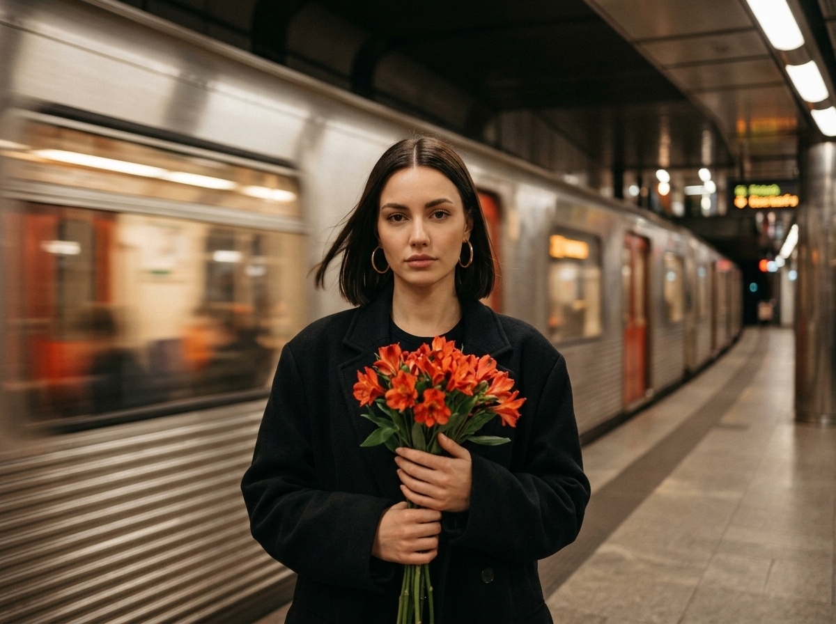 Портрет с букетом у метро