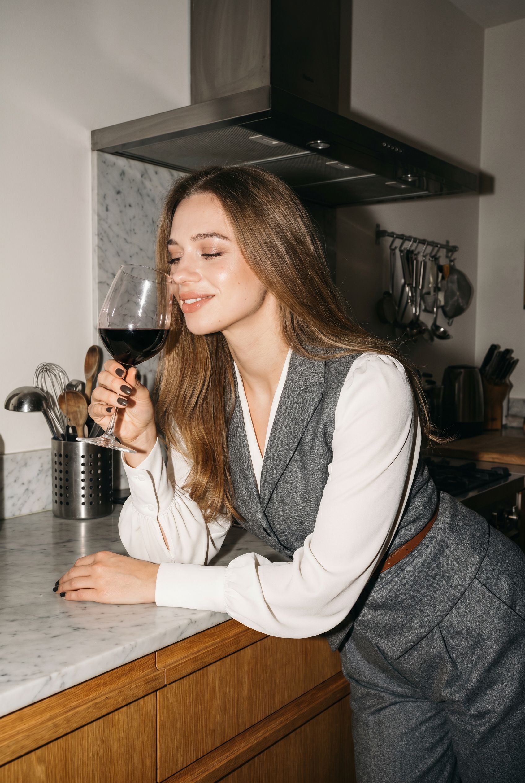 Girl Holding Wine Glass Kitchen Night Flash